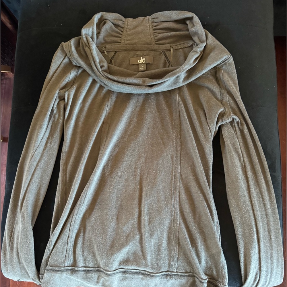 All long sleeve dark Grey wide neck shirt.